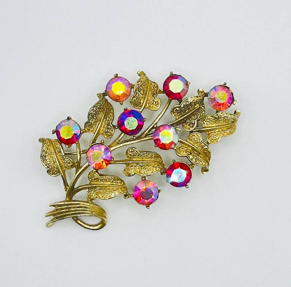 Vintage Coro Signed Brooch Red AB Rhinestones Gold Tone Flower Branches 2.5"